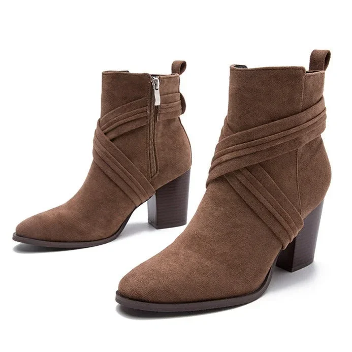 Faux suede riss strap block heels ankle boots for women Side zipper slip on booties Radinnoo.com