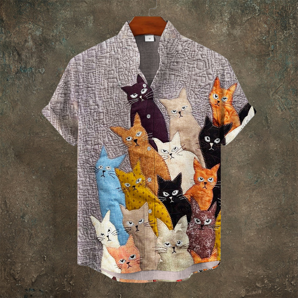 Vintage Cat Embroidery Art Men's Linen Short Sleeve Shirt  artssus