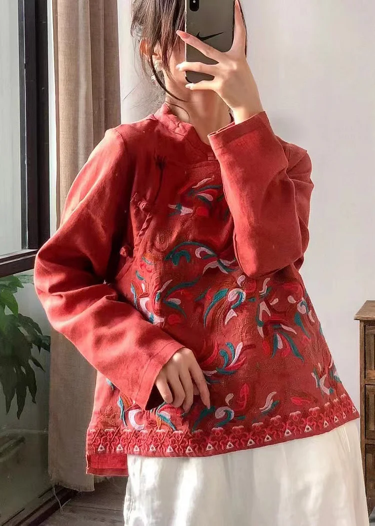 Retro Red Stand Collar Embroidered Linen Shirt Long Sleeve