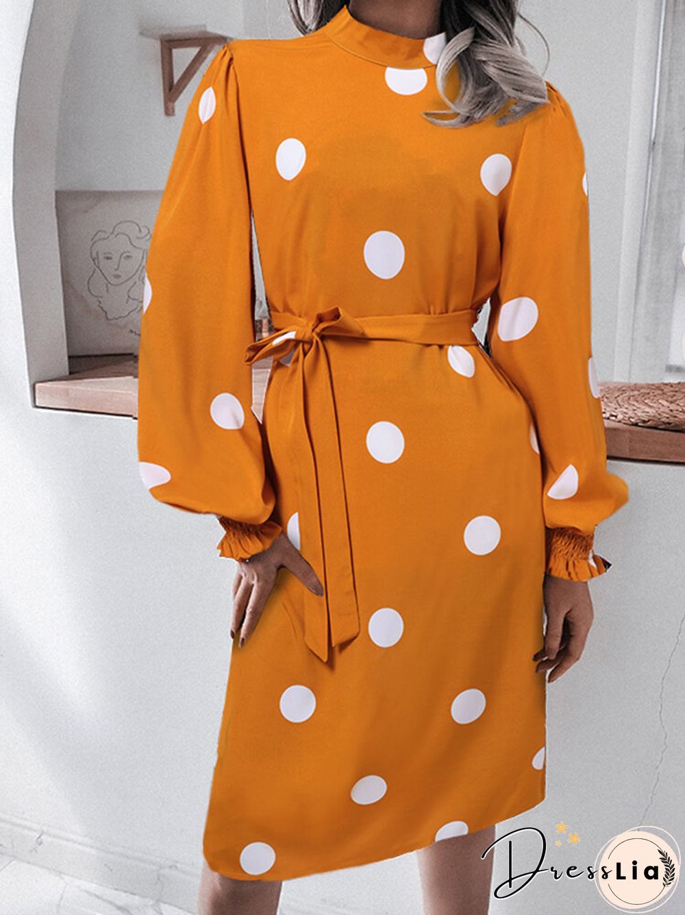 Dot Print Puff Long Sleeve Shirred Stand Collar Dress With Belt