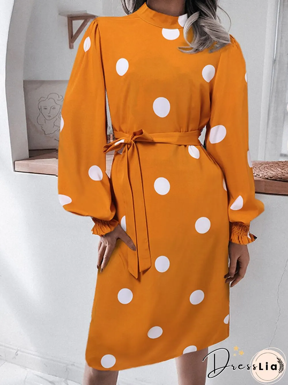 Dot Print Puff Long Sleeve Shirred Stand Collar Dress With Belt
