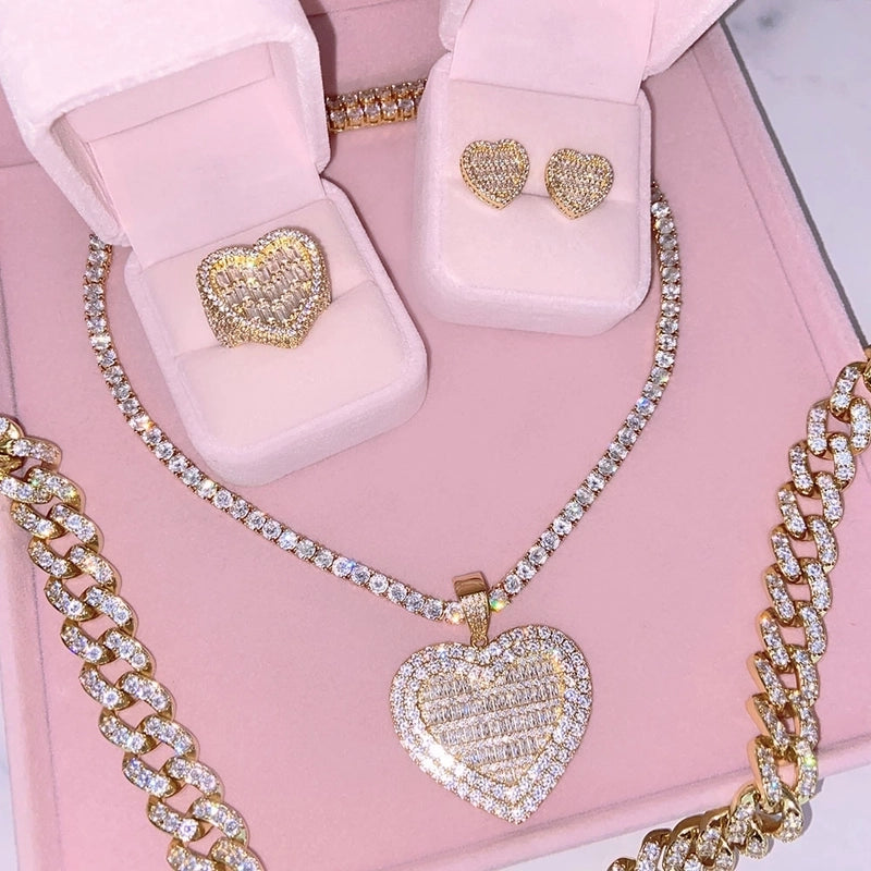 Copper 18K Gold Plated Imitation Gold  K Gold Plated Inlay Heart Shape Zircon Copper Jewelry Sets