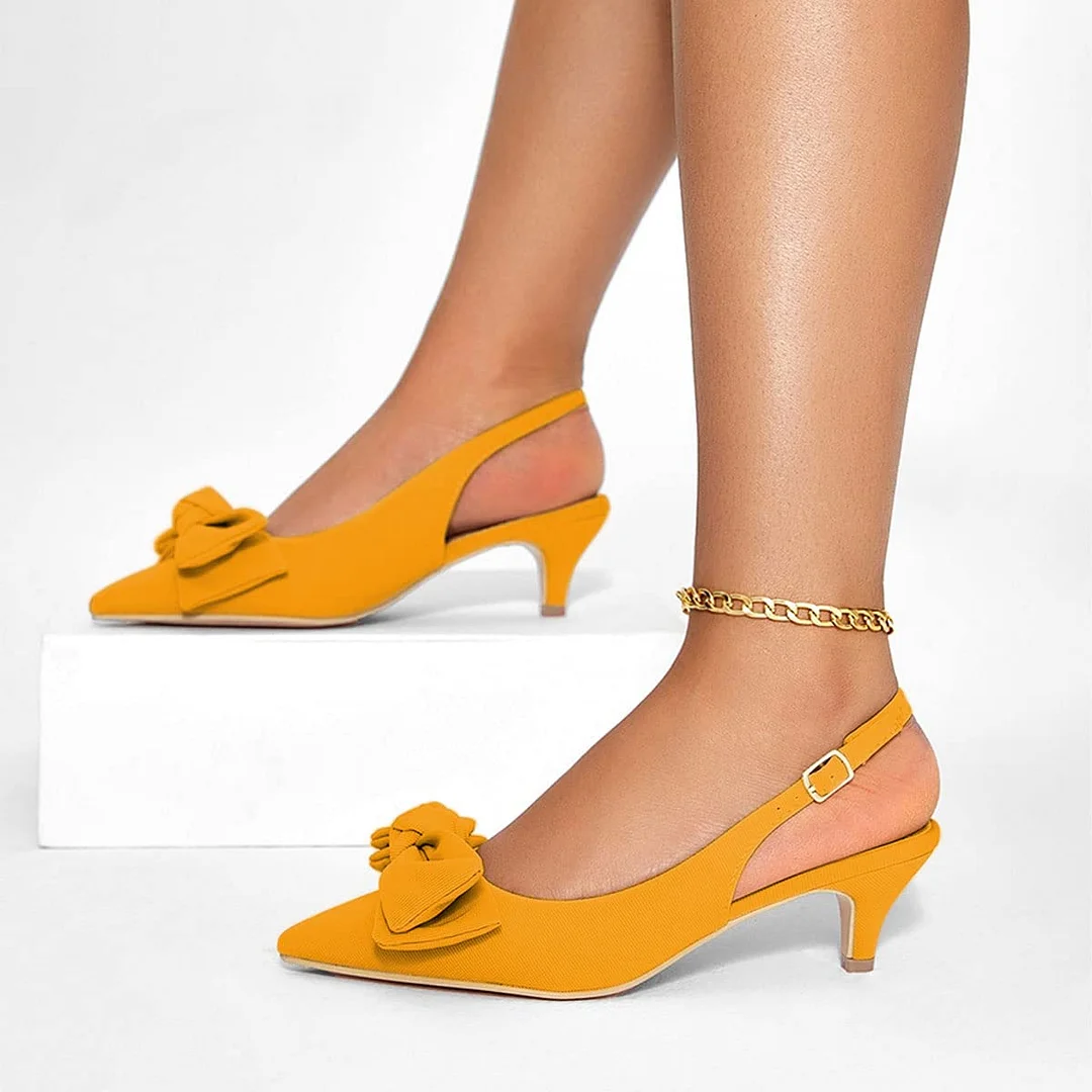 YDN Elegant Yellow Pointed Toe Kitten Heel Bow Slingback Pumps