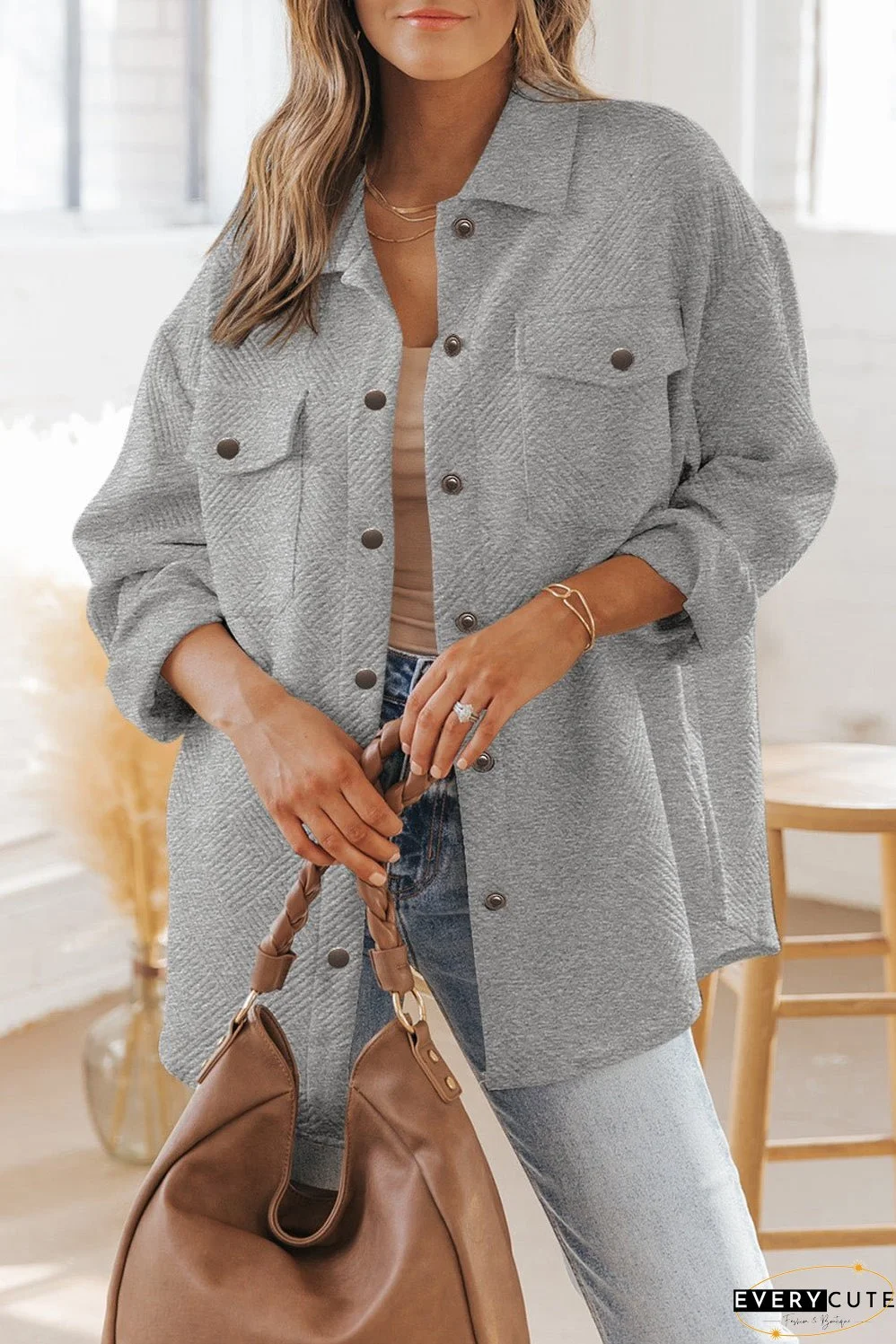 Gray Solid Textured Flap Pocket Buttoned Shacket