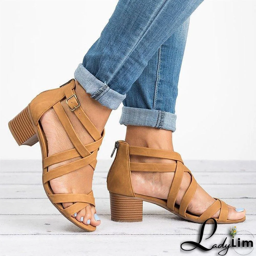 Women's Mid Chunky Heel Fish Toe Sandals