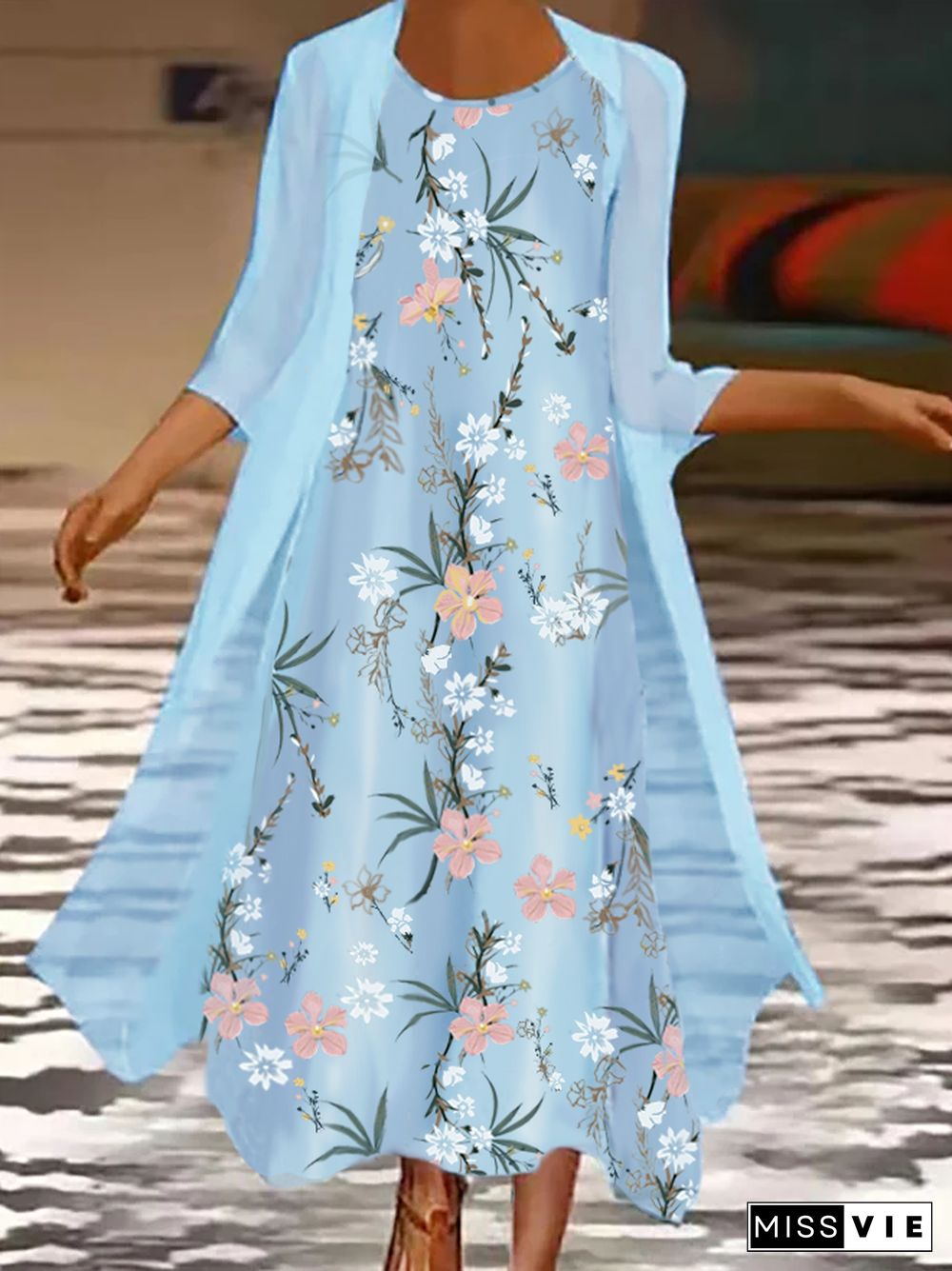 Three Quarter Sleeves Floral Printed Loosen Weaving Dress Suits