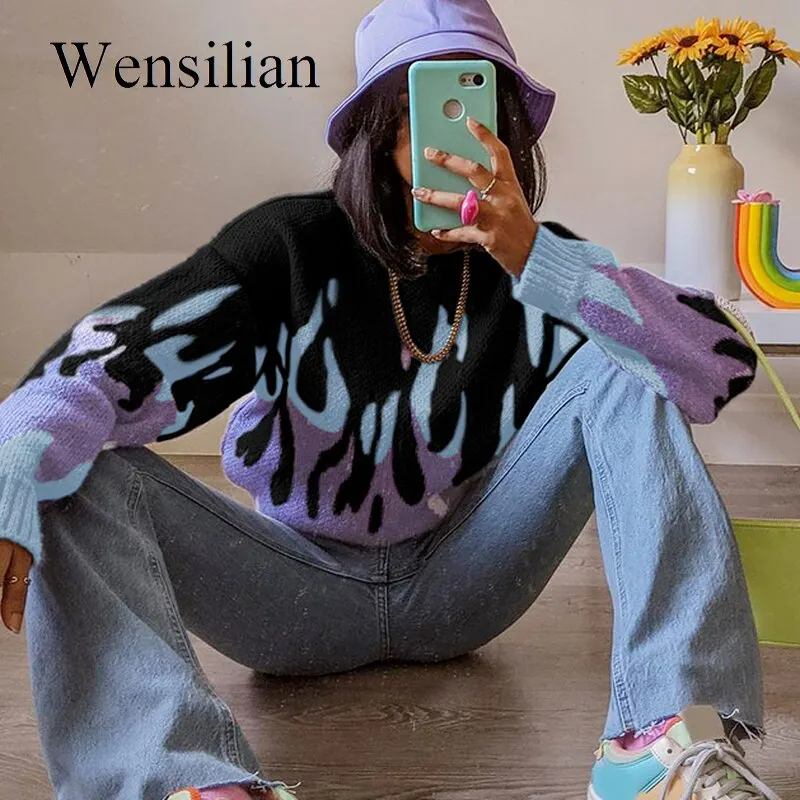 Y2K Sweaters Women Flame Printed Oversized Pullovers Sweater Winter Knitted Streetwear 2021 New Jumpers Girl Loose Knitwear
