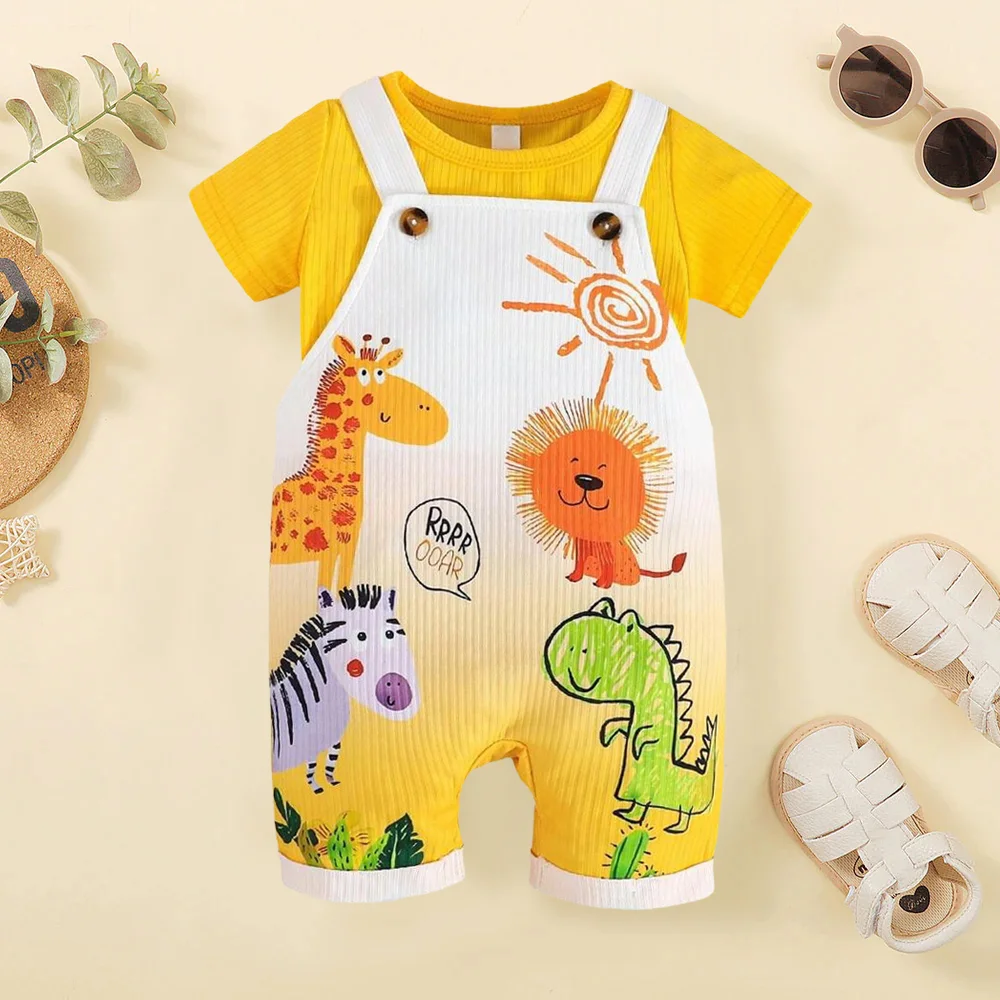 2PCS Cartoon Animal Printed Short Sleeve Overalls Baby Set
