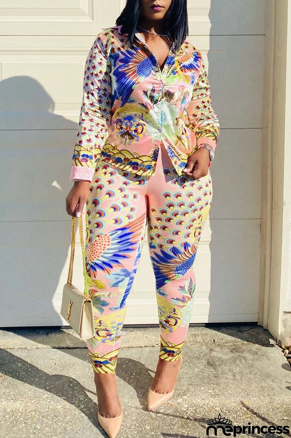 Purple Casual Print Split Joint Buckle Turndown Collar Long Sleeve Two Pieces(Without Belt)