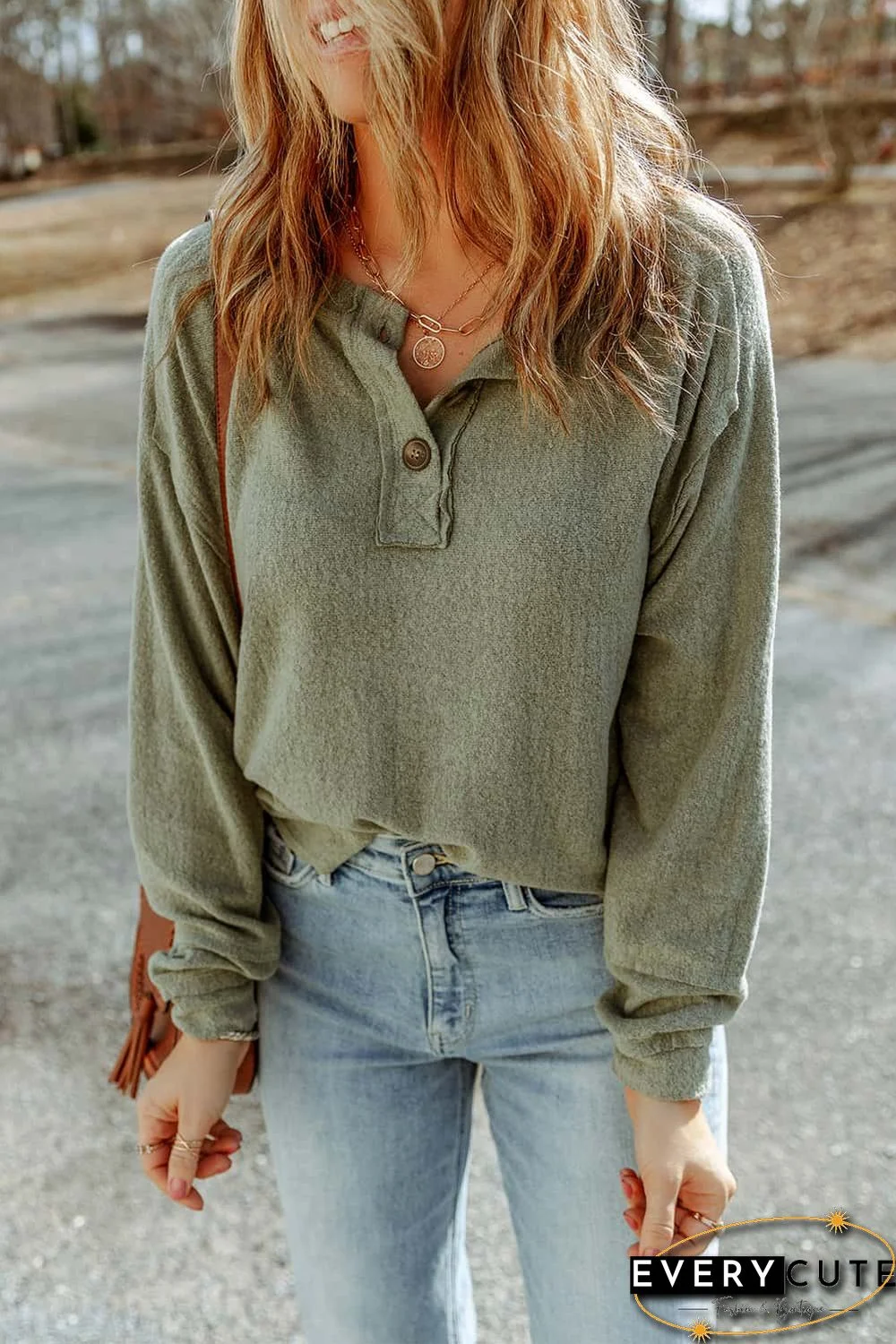 Green Button Split Neck Retro Patchwork Long Sleeve Top