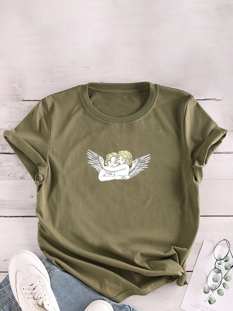 Cartoon Angel Print O neck Short Sleeve Casual T Shirt For Women P1827697