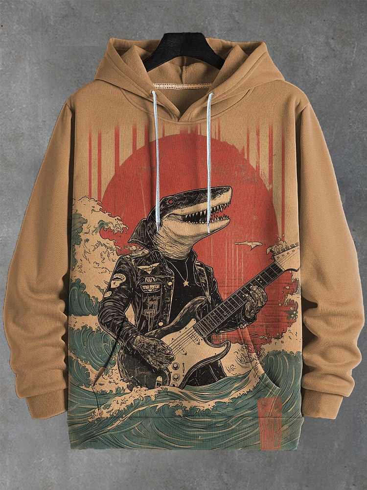 Men's Rock Jacket Crocodile Playing Electric Guitar Japanese Wave Art Print Hooded Sweatshirt
