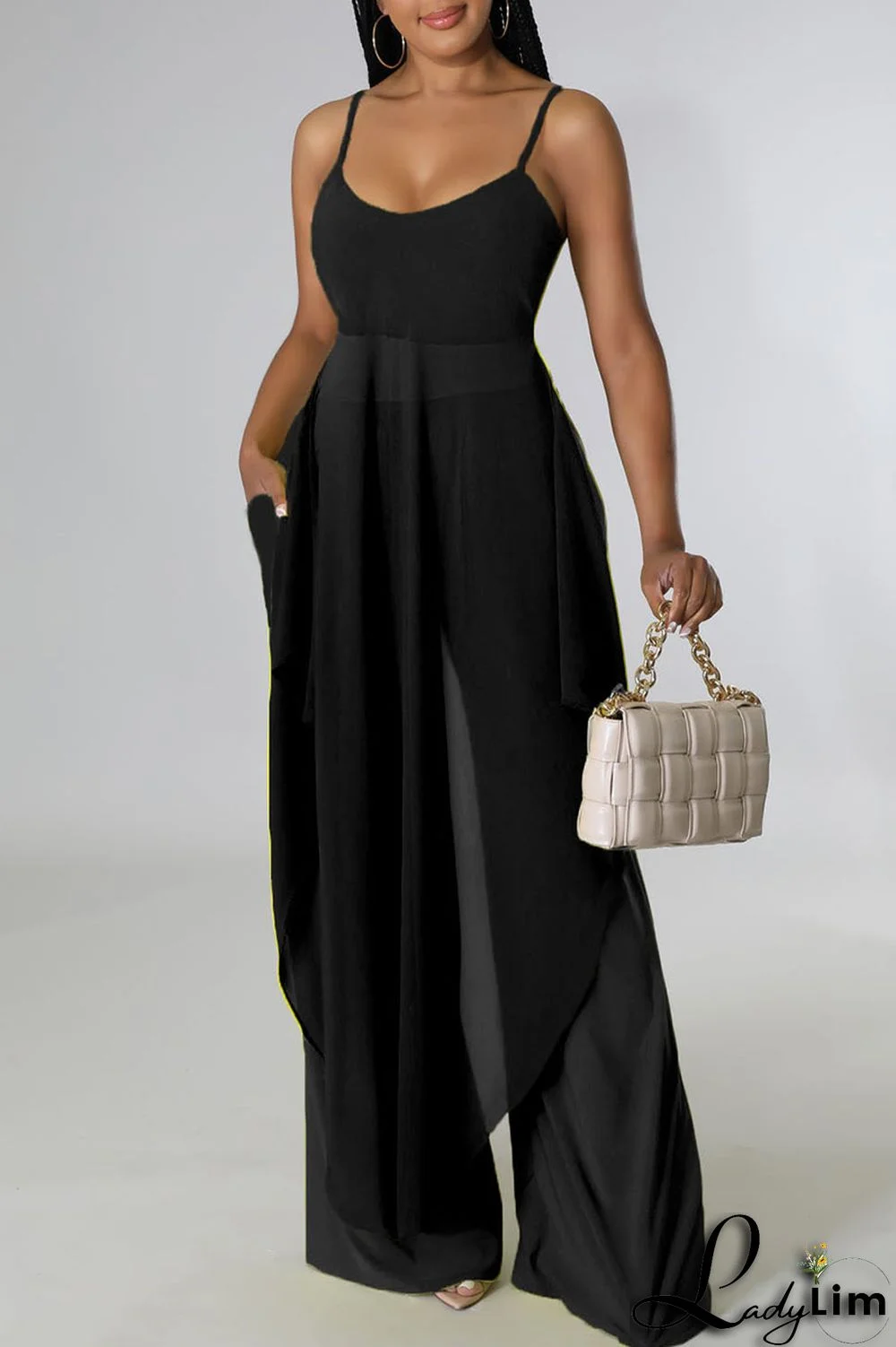 Tangerine Casual Solid Split Joint Asymmetrical Spaghetti Strap Sleeveless Two Pieces