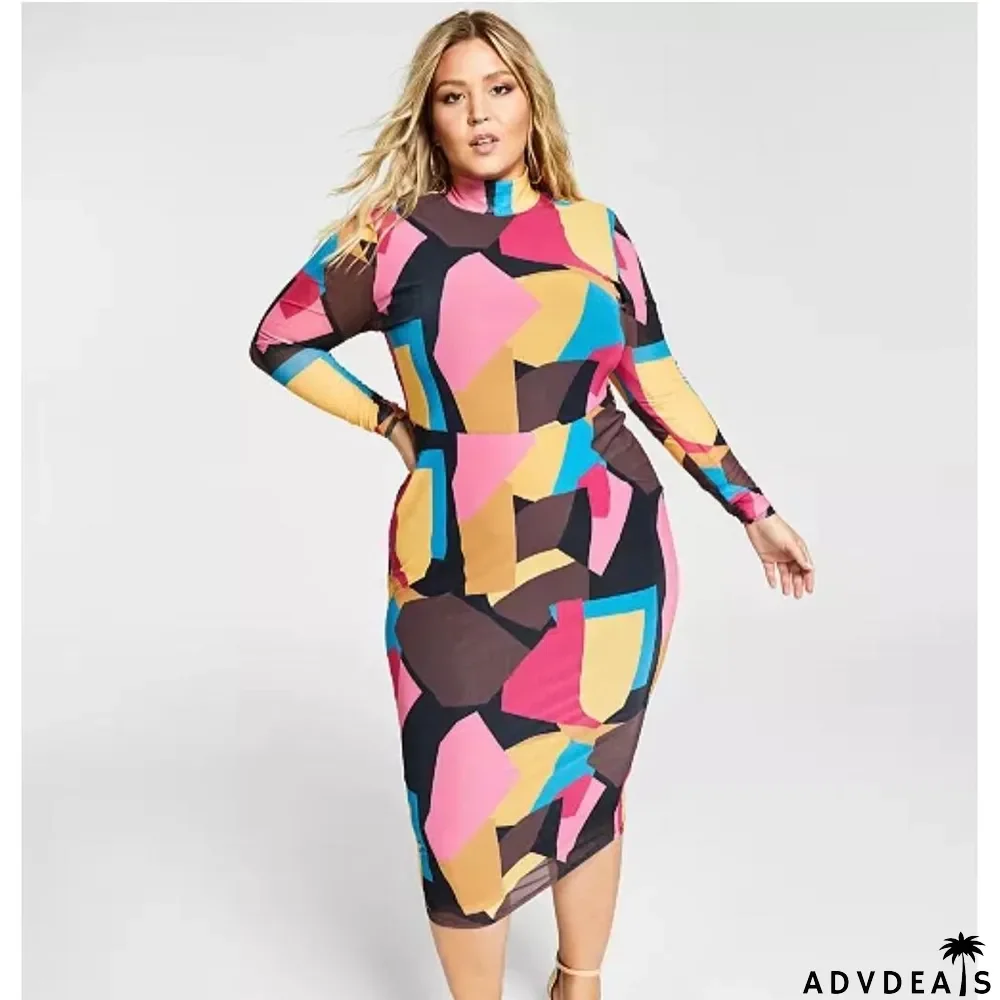 Plus Size Sexy Printed Long Sleeve Midi Dress