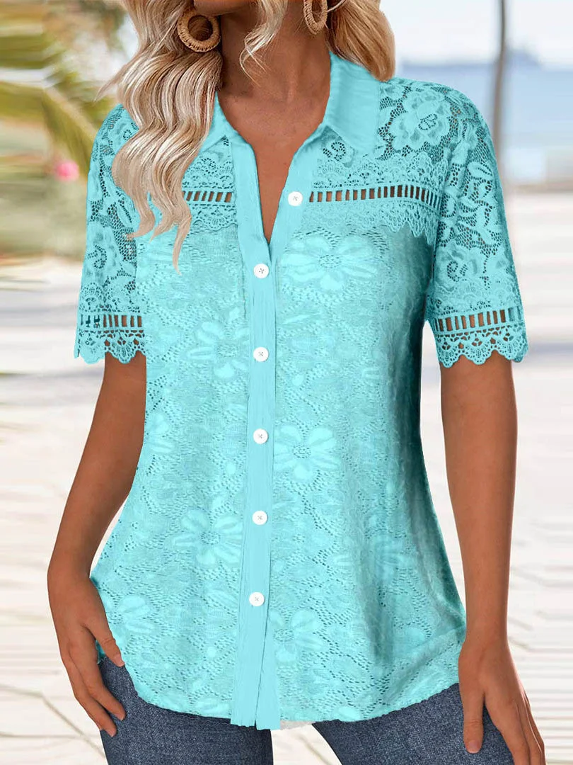 Women's Short Sleeve V-neck Floral Printed Lace Stitching Tops