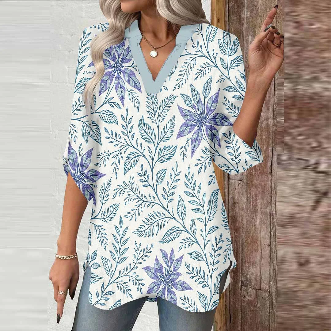 Women Leaves,  Green DZGA0418 3/4 Sleeve V-neck Printed Graphic Button Tops