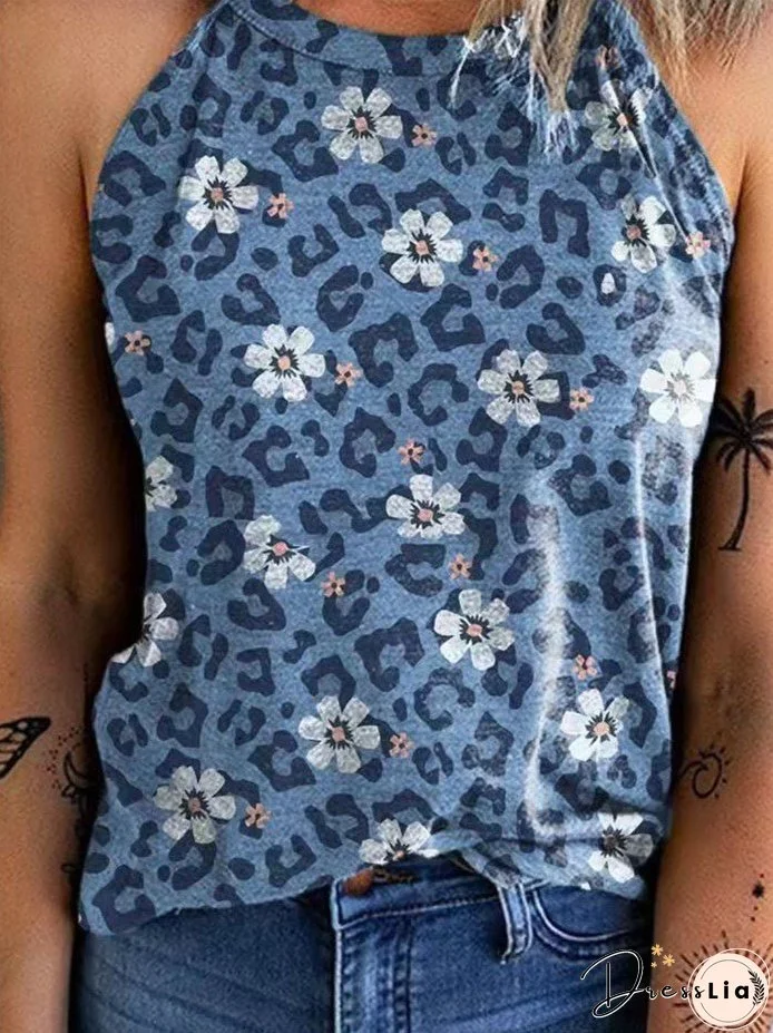 Blue Floral Print Sleeveless Casual Tank Top T-Shirt