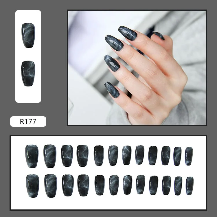 24pcs Gradient Amber Marble Texture Nails Art Long Trapezoid False Nails Wearable Fake Nails With Glue And Wearing Tools-Nail Inspo