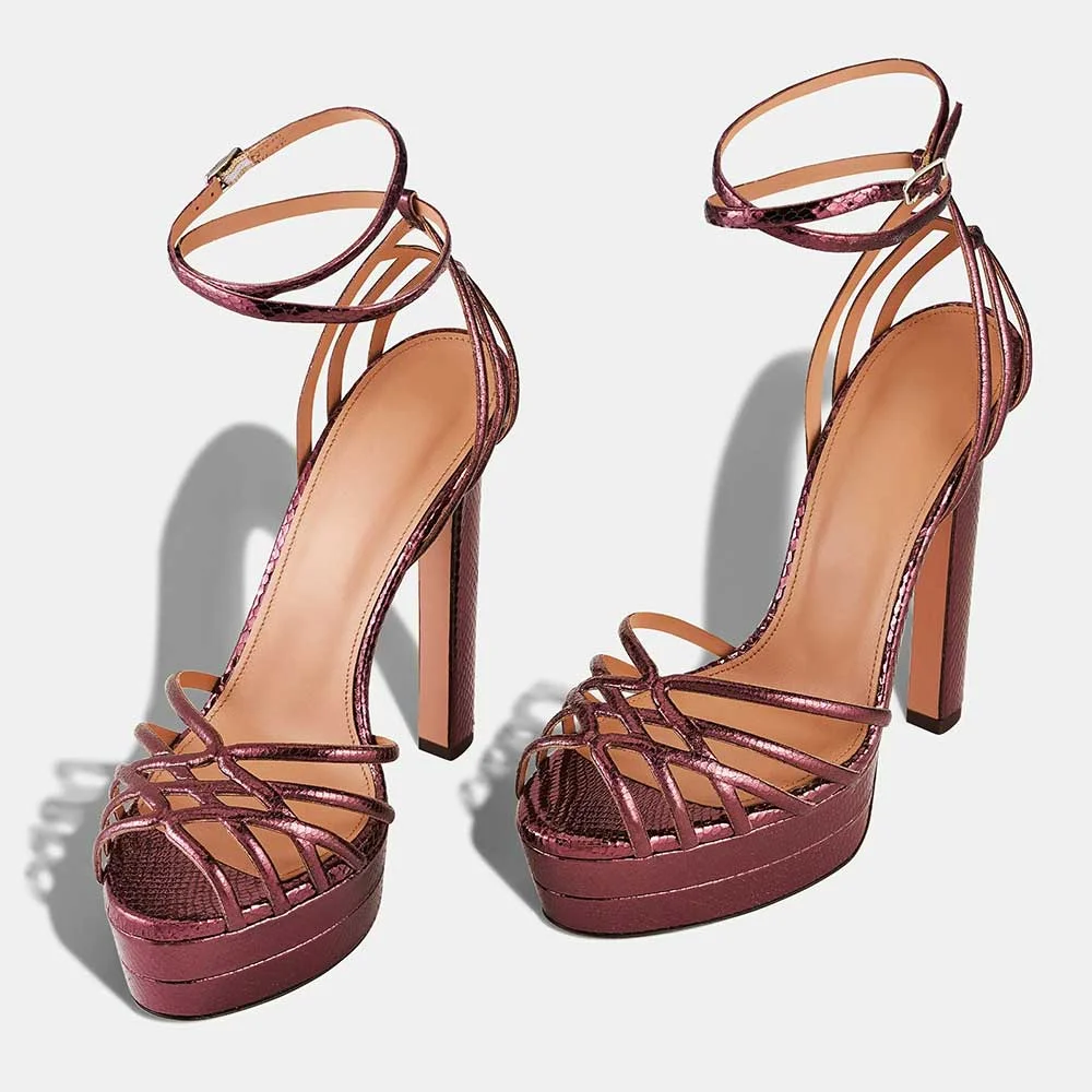 Purple Metallic Strappy Snake Print High Heels Sandals with Platform