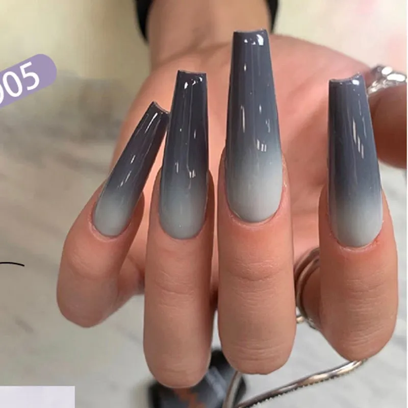 24pcs/Set Long Coffin False Nails Fashion Finished Red Black Gradient Fake Nails Beauty Nail Decal Ballerina Full Nail Art Tips-Nail Inspo