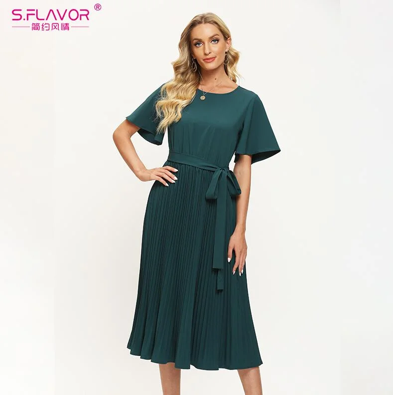 Jangj S.FLAVOR Women Flare Sleeve Pleated A-line Dress 2022 Fashion O-neck Green Color Casual Sundress Female Summer Working Dress