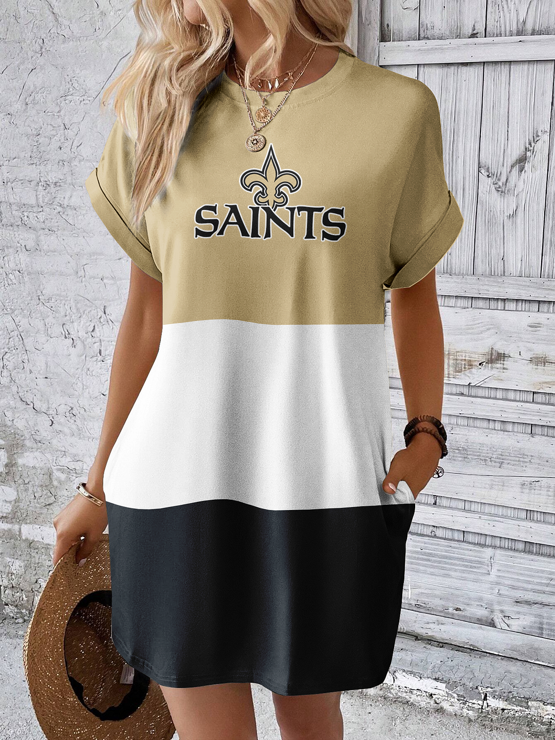 New Orleans Saints Solid Hidden Pocket Batwing Sleeve Tee Dress