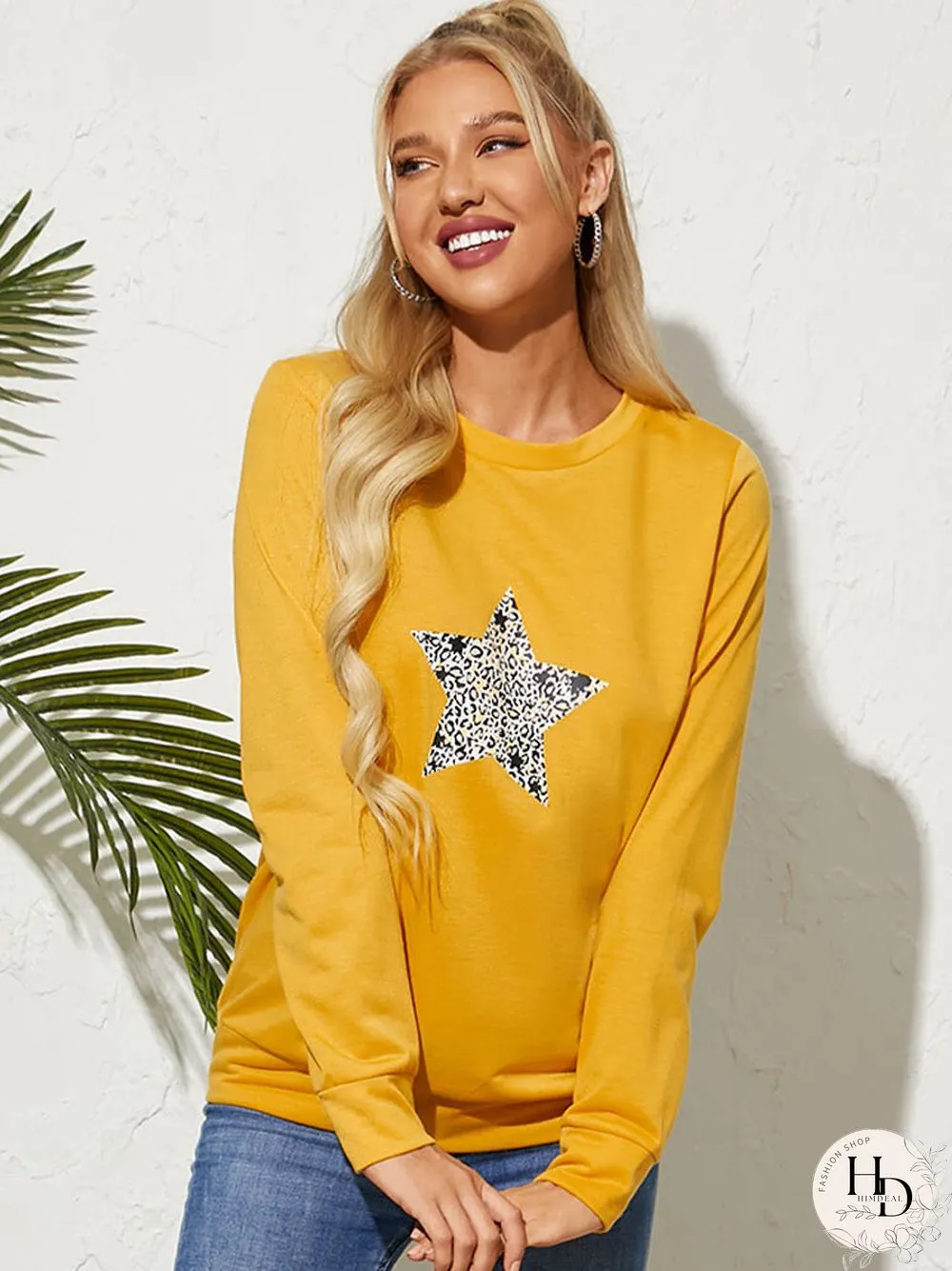 Stars Leopard Print Long Sleeve Crew Neck Sweatshirt Women
