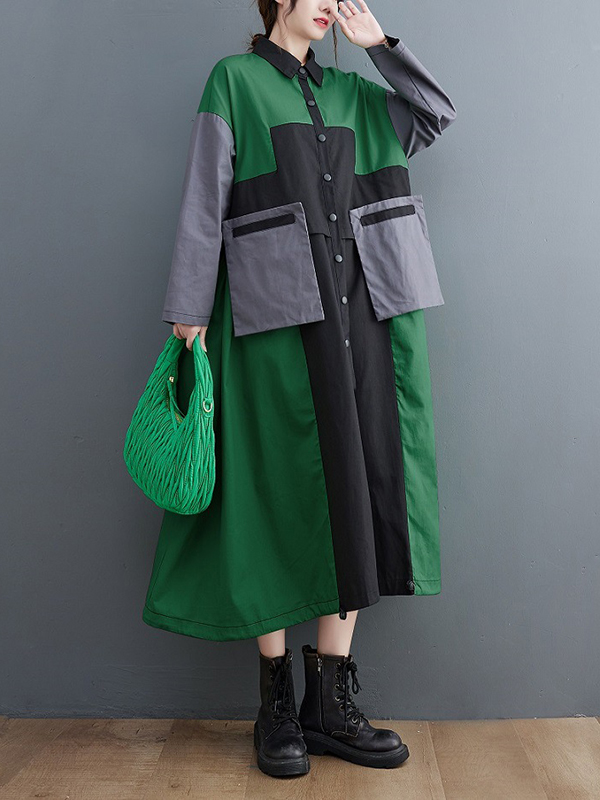 Loose Polo Collar Color Matching Midi Coat