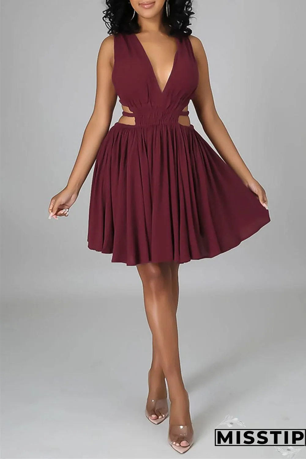 Blue Sexy Casual Solid Hollowed Out Backless V Neck Sleeveless Dress