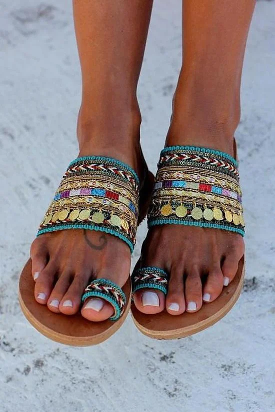 Tassel Toe Ring Boho Woven Flat Slide Sandals-elleschic
