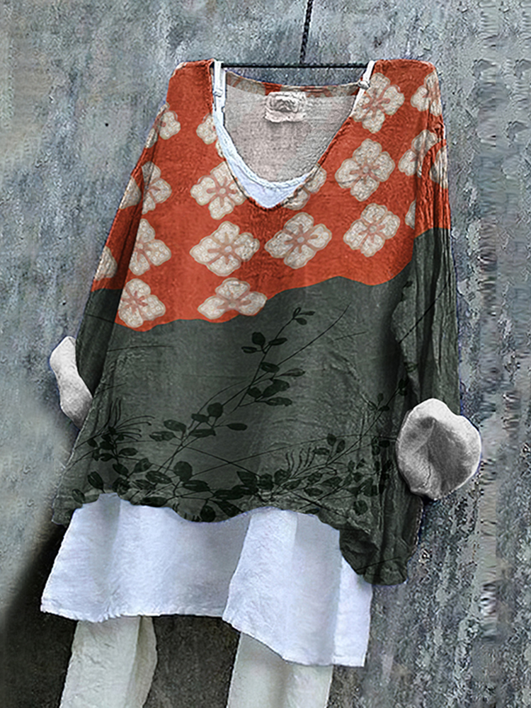 Comstylish Japanese Art Flower Print V-Neck Blouse