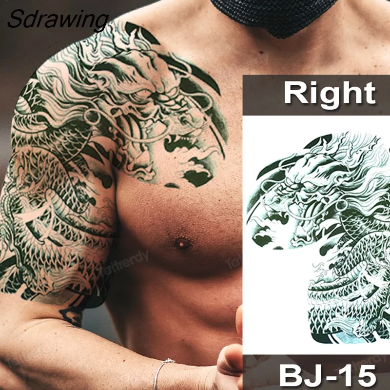 Sdrawing Fox Totem Dragon Waterproof Temporary Tattoos Body Art Arm Shoulder Chest Tattoo Sticker Black Tatouage Men Adult Large