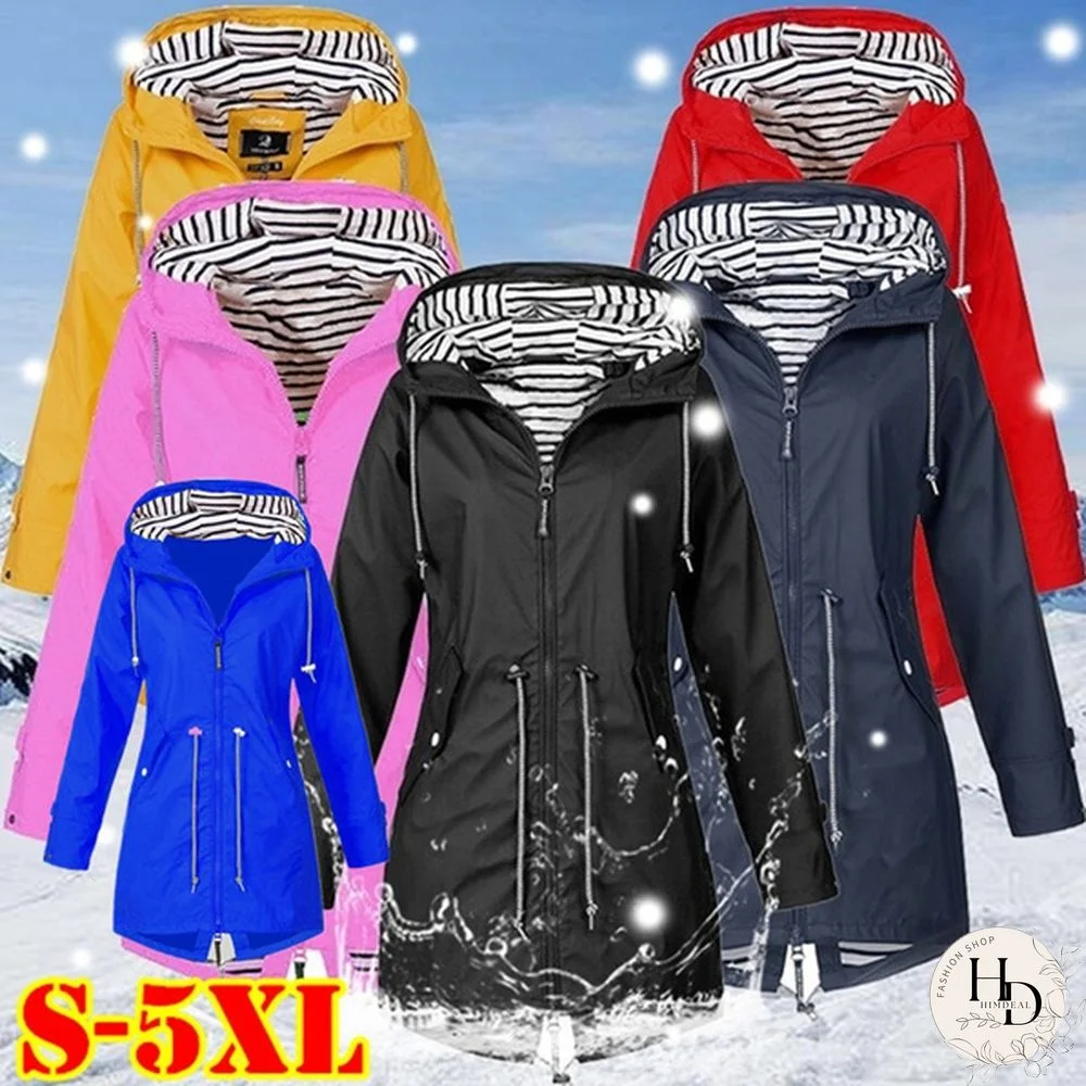 Women Waterproof Zipper Rain Jacket Solid Color Ladies Outdoor Mountaineering Lightweight Raincoats Plus Size S-5XL