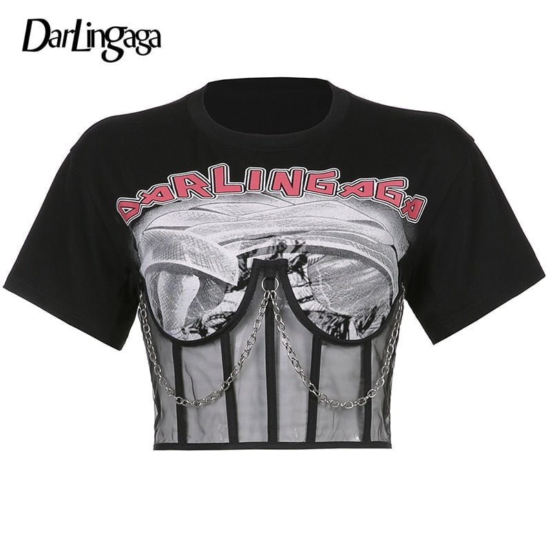 Darlingaga Streetwear Punk Style Patchwork Print Black T-shirt Women Cropped Corset Top Transparent Summer T-shirts Gothic Tees