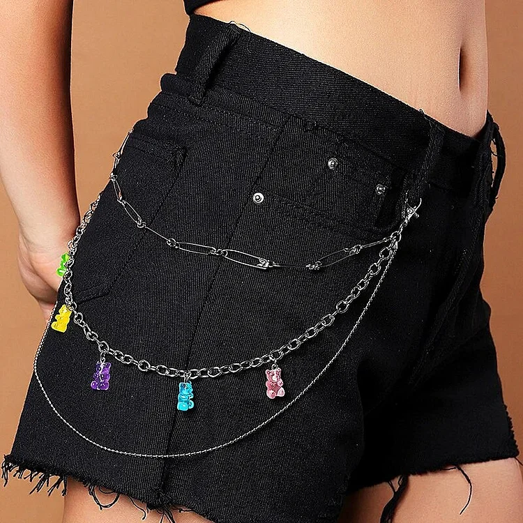 Fulaigao Candy Color Bear Key Chain Women Men Girl Boy Fashion Waist Chain Pants Belt Jewelry Belly Chain for Skirt Shorts