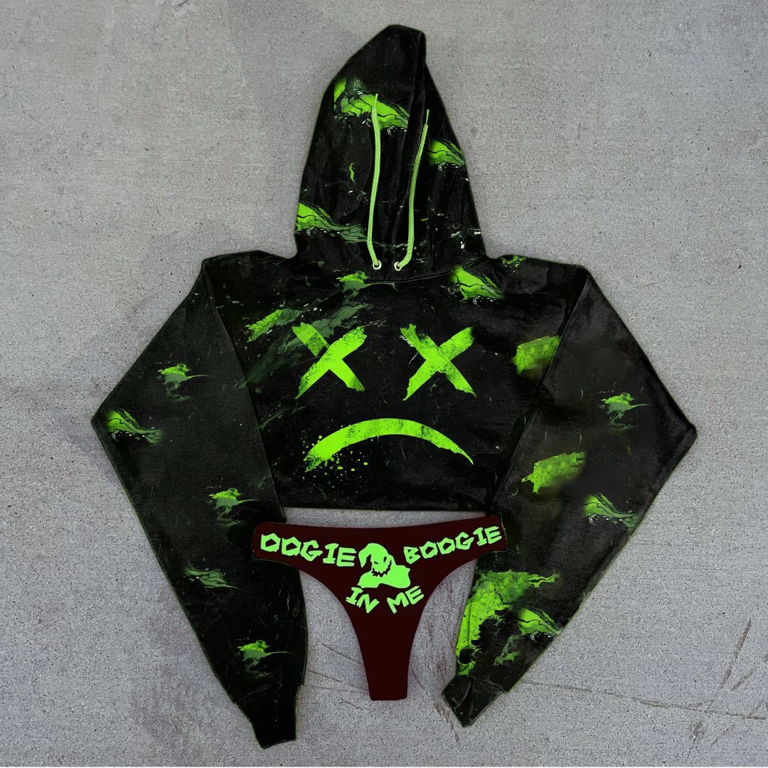 Devil Face Printed Sports Suit Cropped Hoodie Suit Set