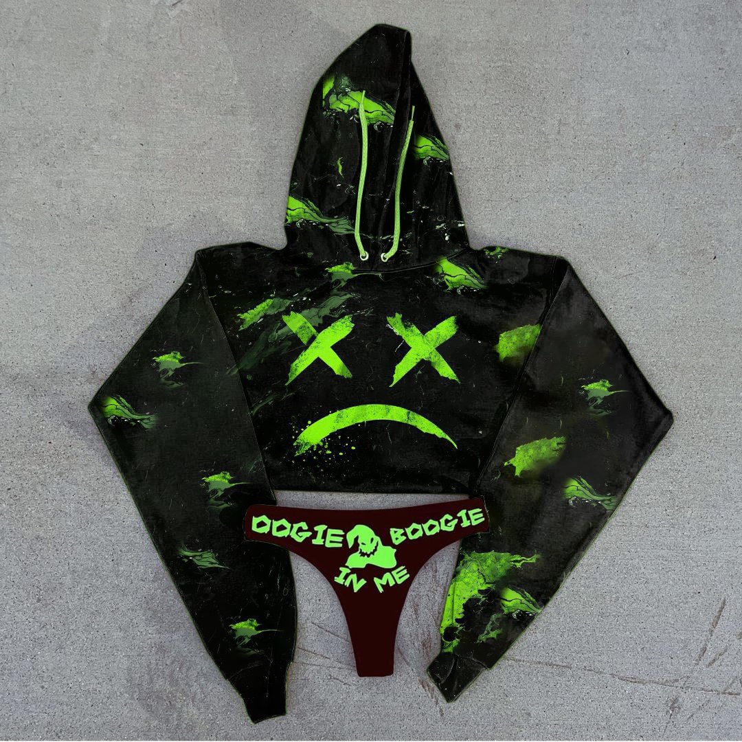 Devil Face Printed Sports Suit Cropped Hoodie Suit Set