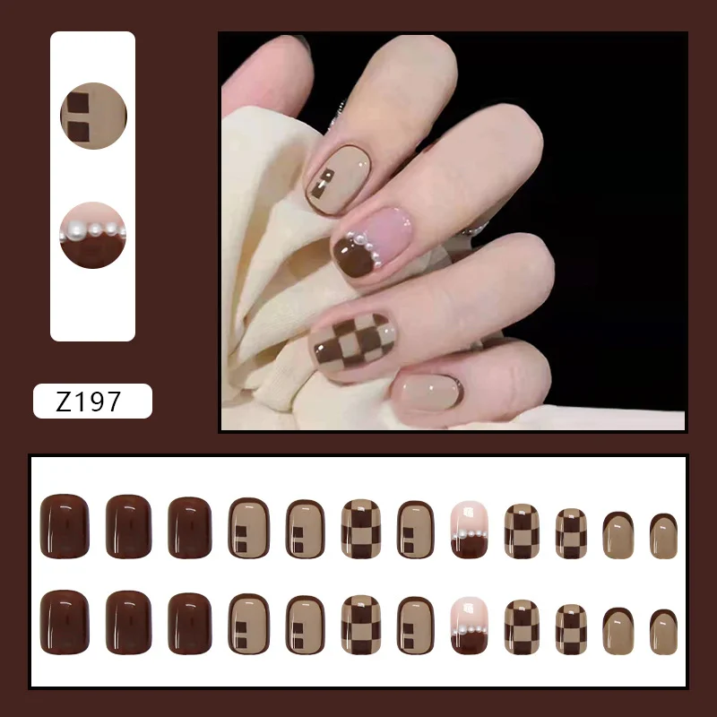Churchf Churchf Fake Nail Finished Nail Paste Retro Checkerboard Pearl Nail Wear Nail Patch Paste Short Nail