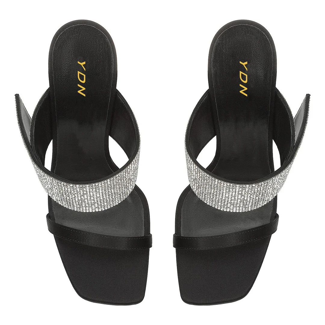 Black Satin Rhinestone Embellished Mules with Sculptural Heel