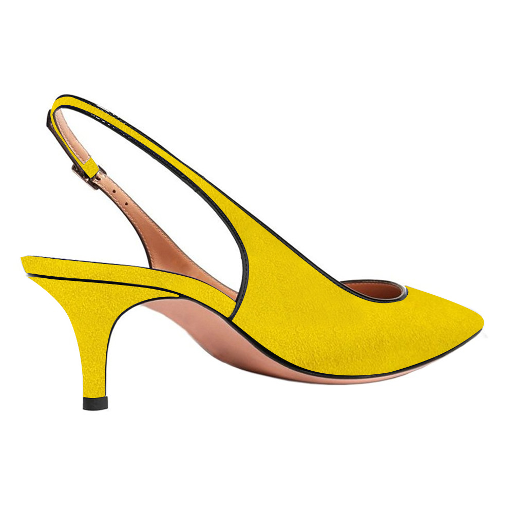 Women's Pointed Toe Slingback Shoes Kitten Heel Pumps Comfortable Dress Yellow Suede Shoes-vocosishoes