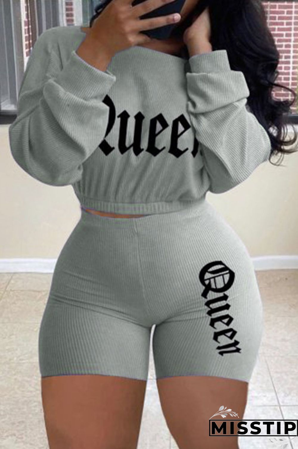 Grey Fashion Casual Print Basic O Neck Long Sleeve Two Pieces