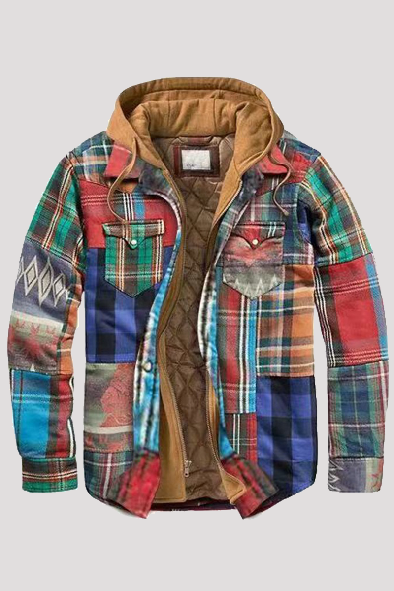 Multi-color Fashion Casual Plaid Split Joint Pocket Hooded Collar Outerwear
