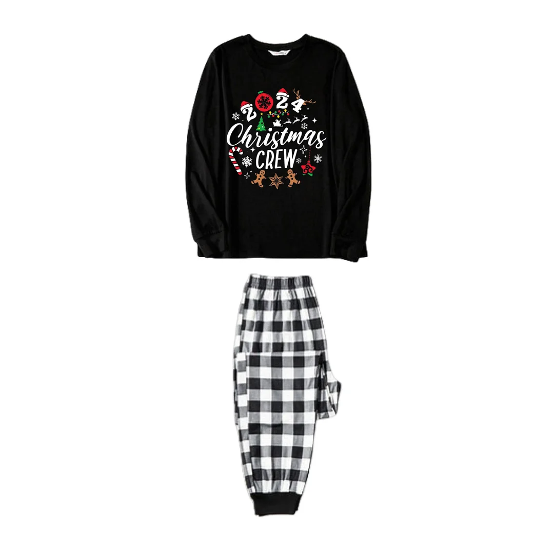 2024 Christmas Crew Making Memories Together Text Print Black Long Sleeve Top with Black And White Plaid Pants Family Matching Pajamas