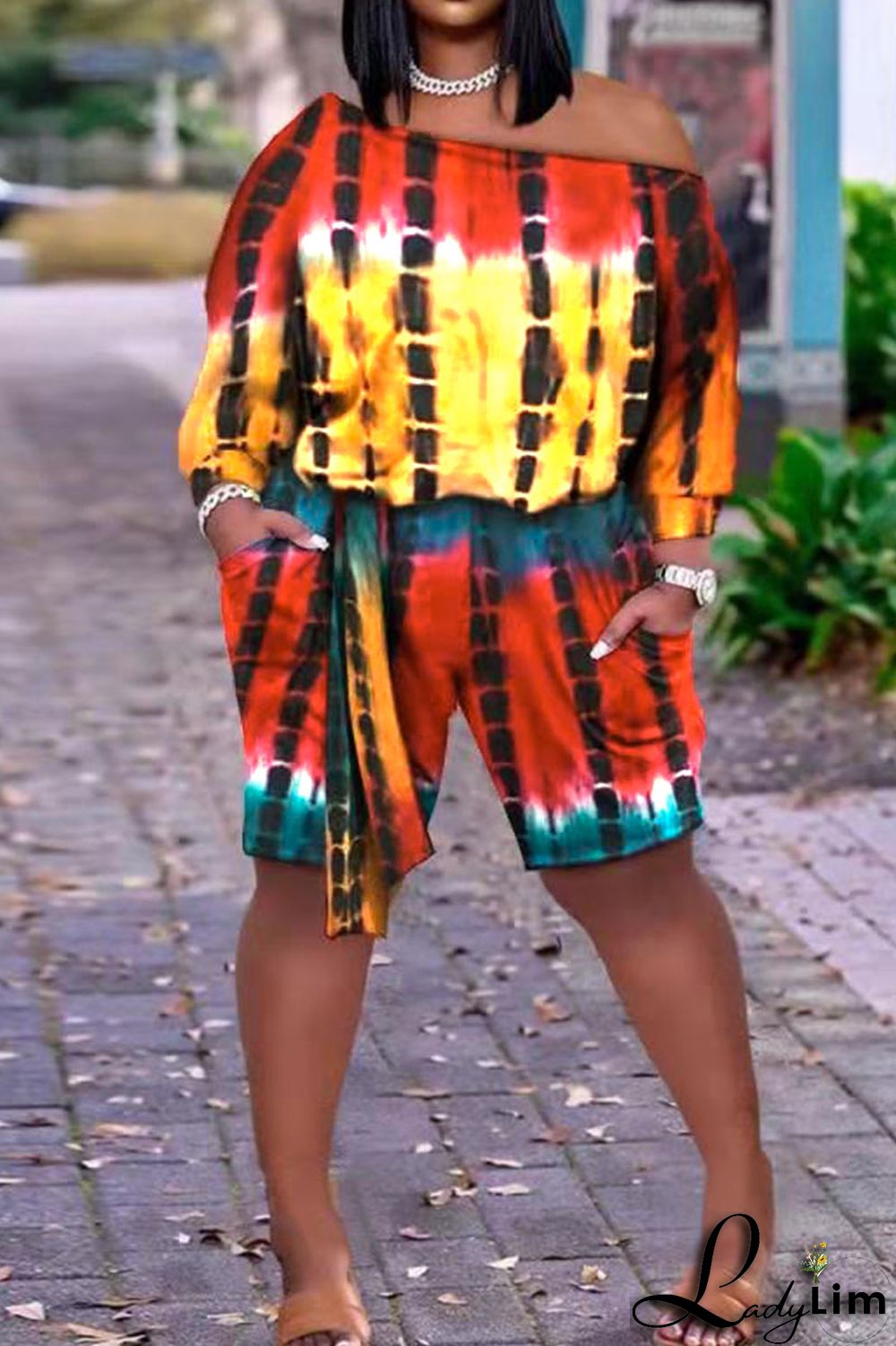 Red Casual Print Patchwork Off the Shoulder Plus Size Two Pieces