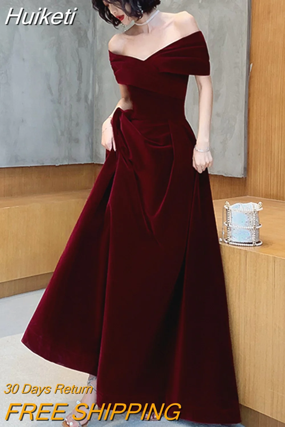 Huiketi Spring Long Luxury Elegant Wine Red Soft Velvet Evening Party Wedding Dresses for Women 2023 Off Shoulder Maxi Dress