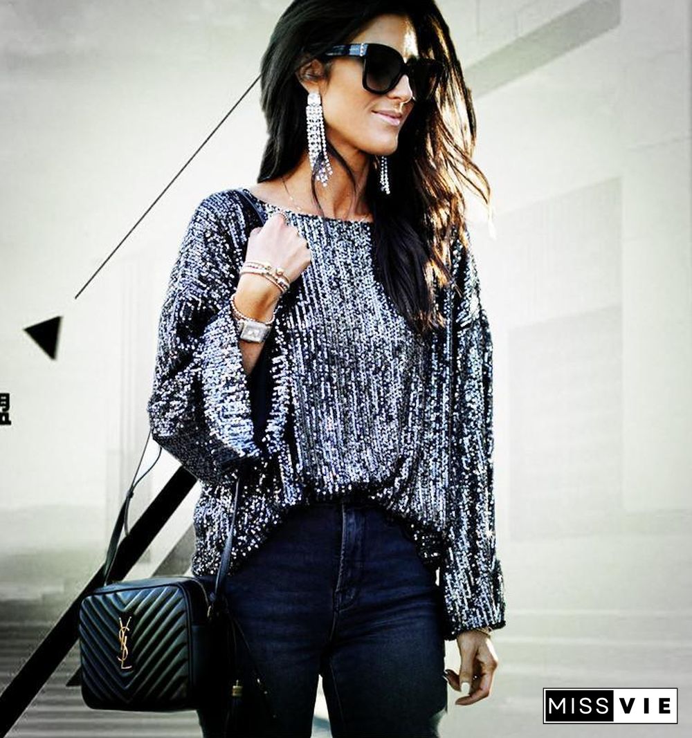 Round Neck Sequins Simple Shirt