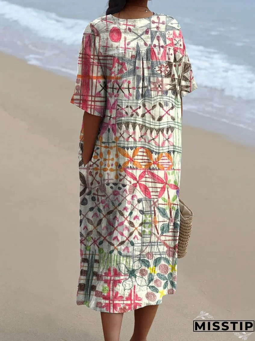 Women's Vintage Abstract Painting Art Print Flowy Dress