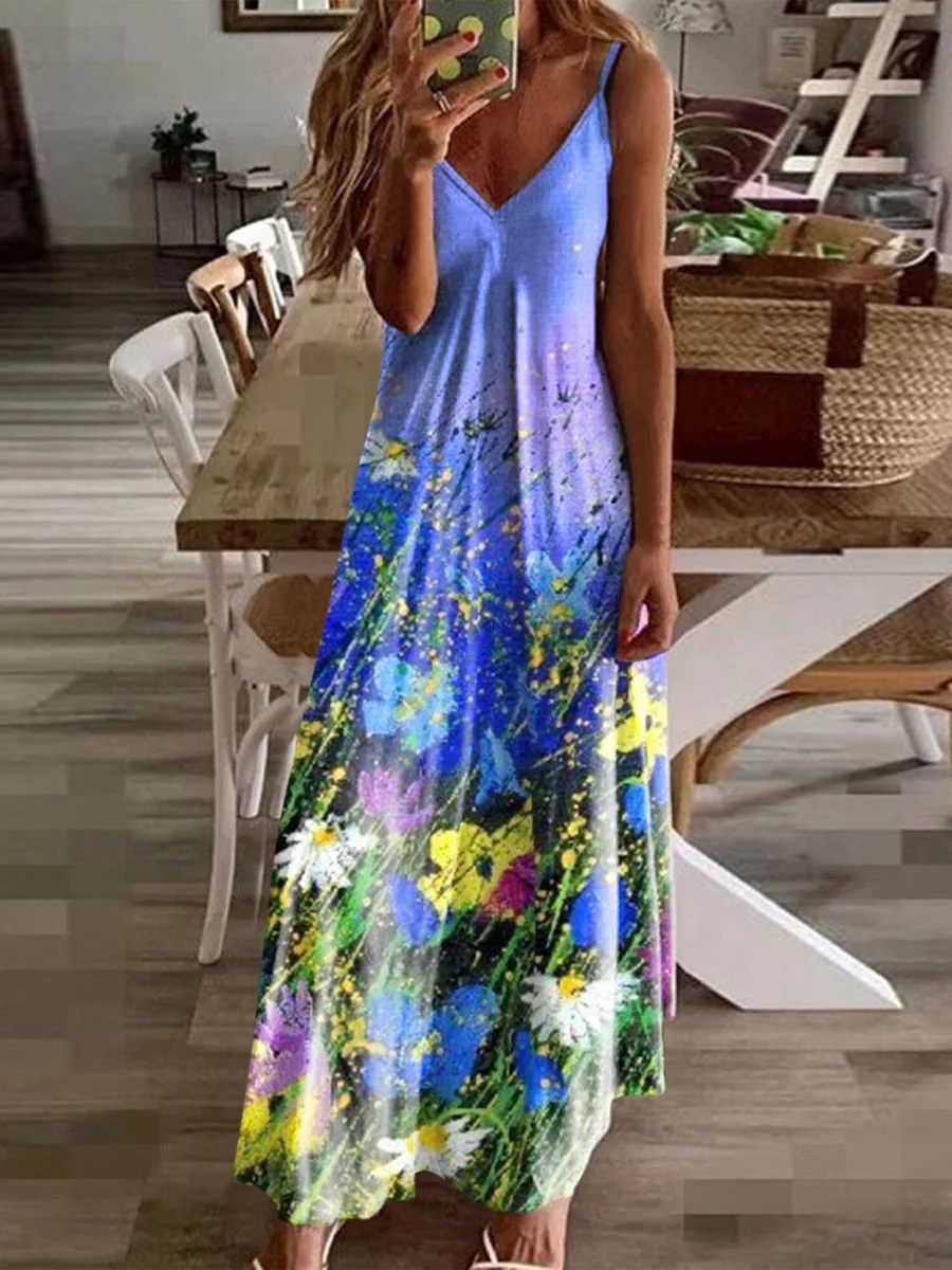 Casual Floral Print V-Neck Sleeveless Maxi Dress