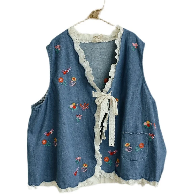 Queenfunky cottagecore style Denim Lace Embroidered Vest QueenFunky