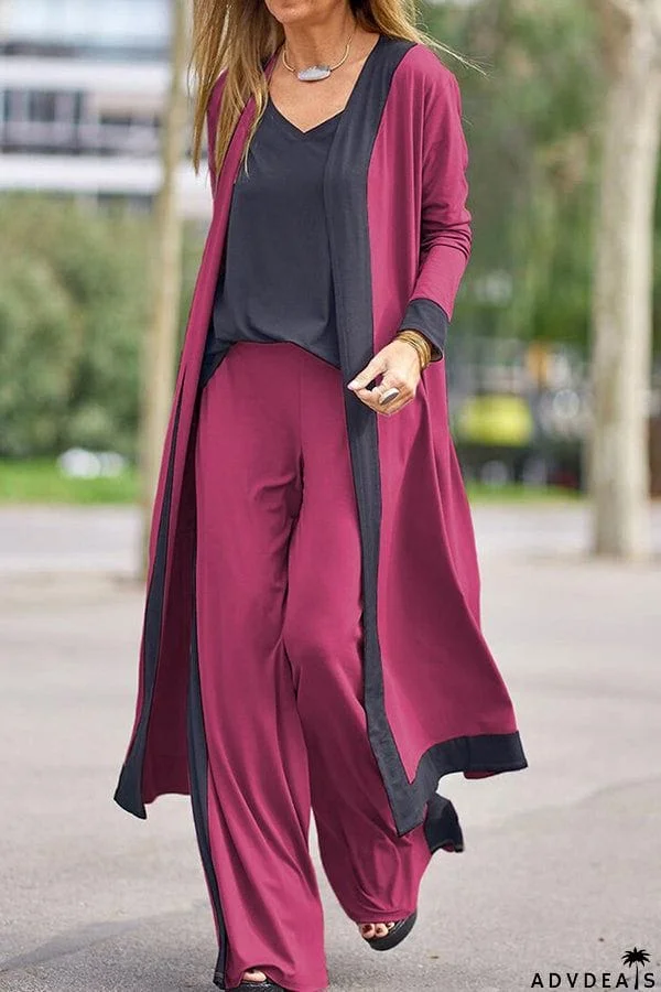 Contrasting Color Sleeveless Vest Long Sleeve Cardigan Jacket Long Pants Three Piece Set